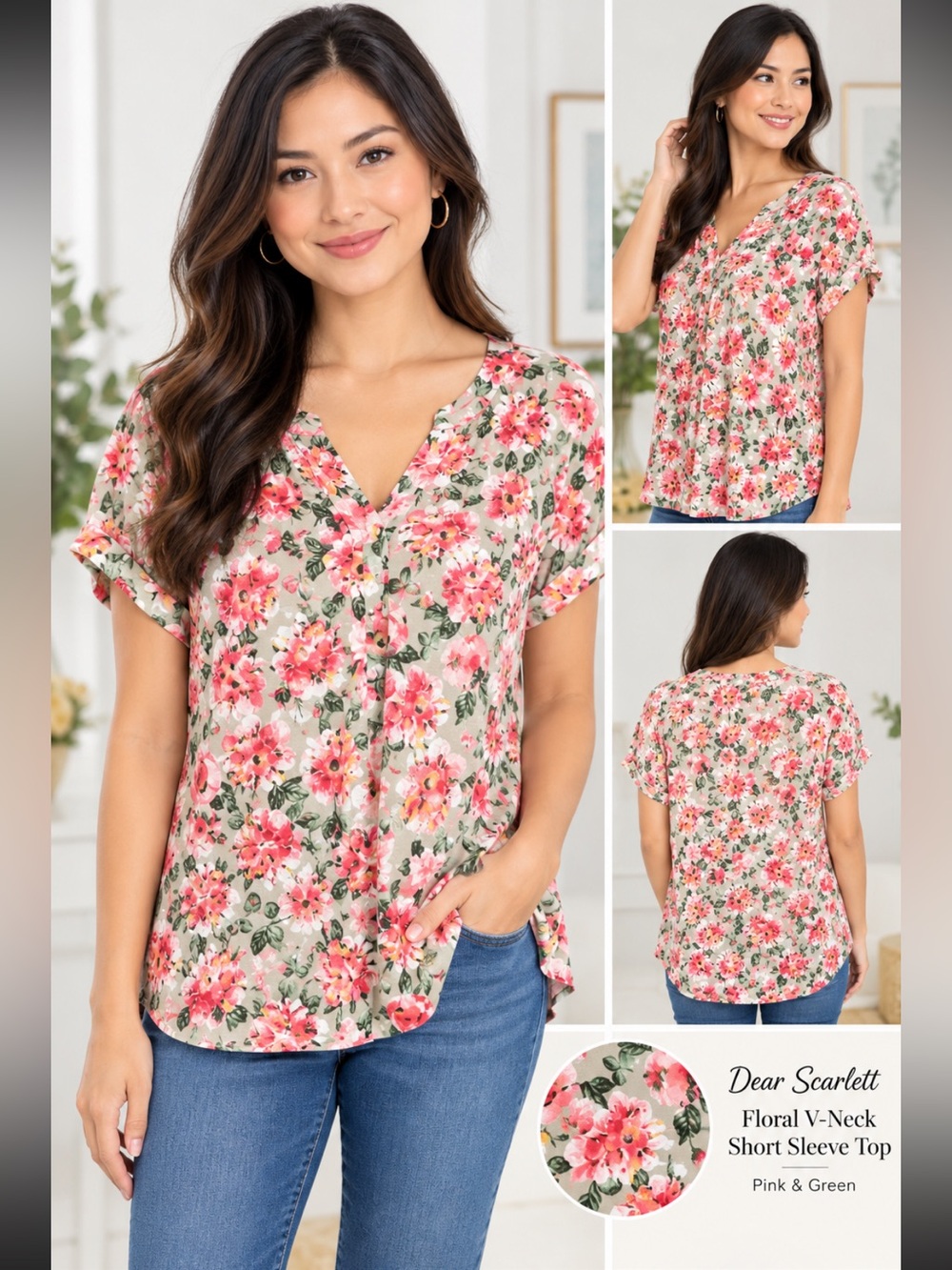 Dear Scarlett Floral V-Neck Short Sleeve Top Pink & Green Wrinkle Free XL